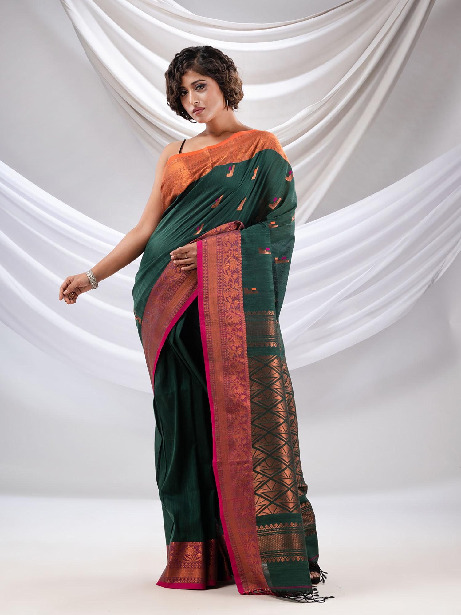 green cotton handwoven soft saree with zari woven nakshi borders with unstitched blouse