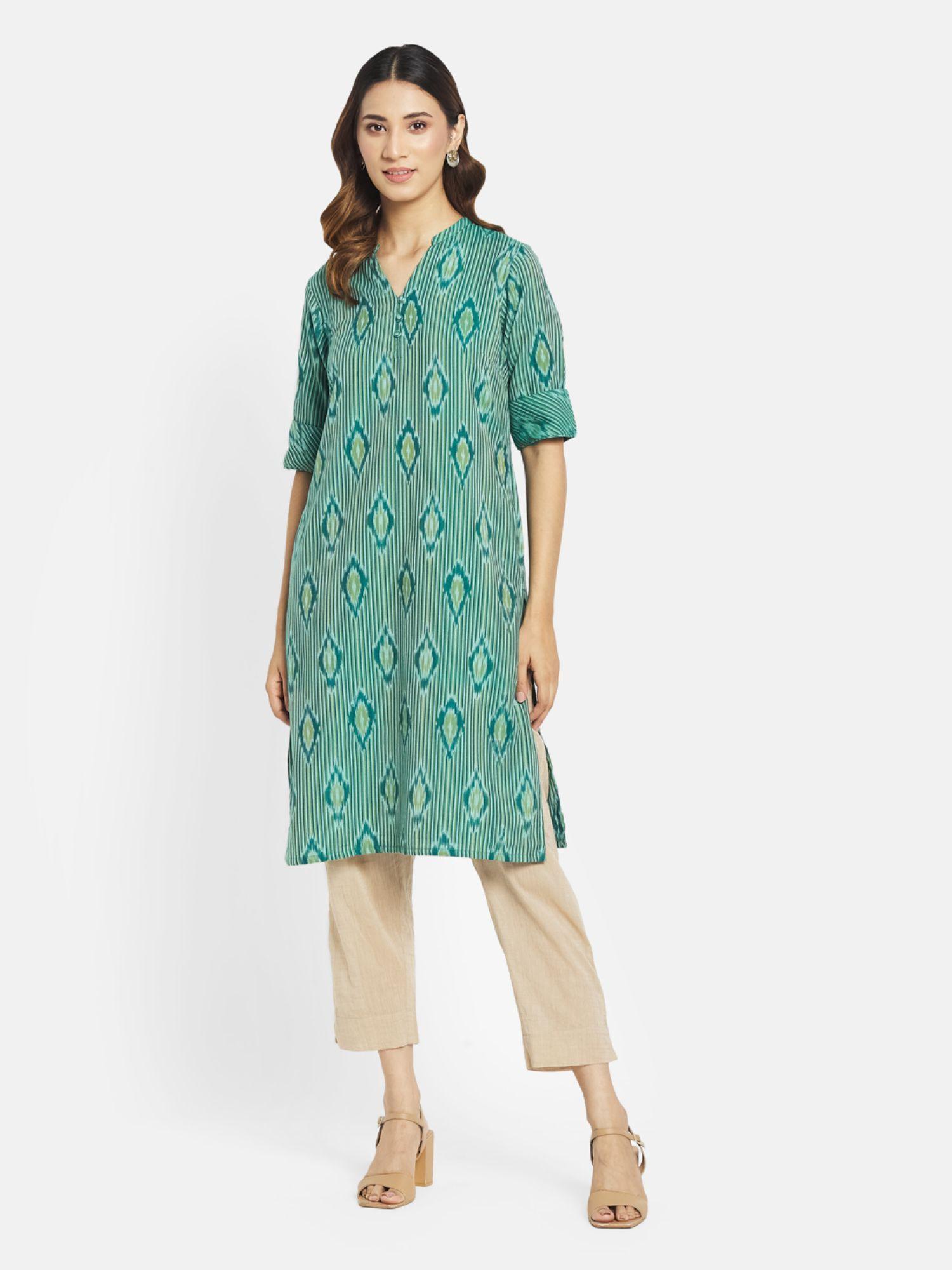 green cotton ikat knee length kurta