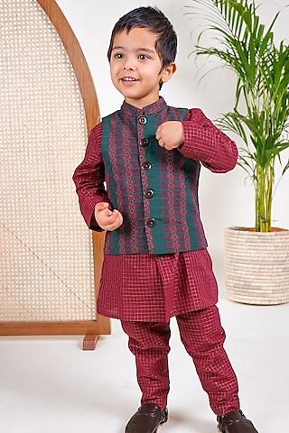 green cotton jacquard printed nehru jacket for boys