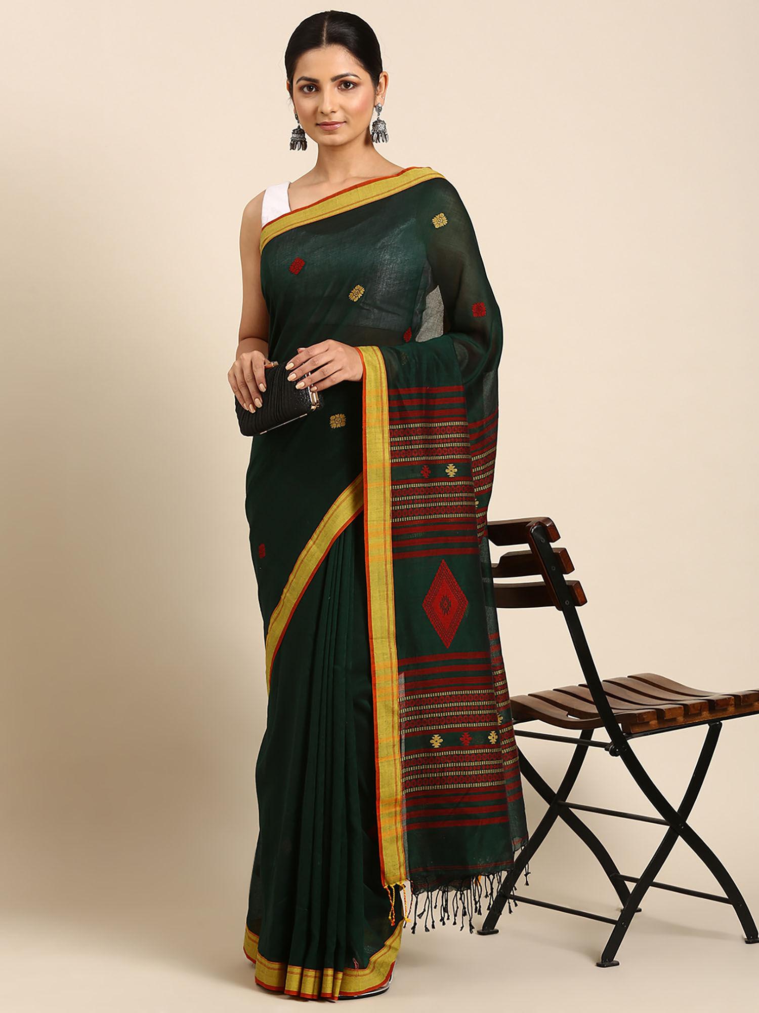 green cotton jaquard weave saree with unstitched blouse