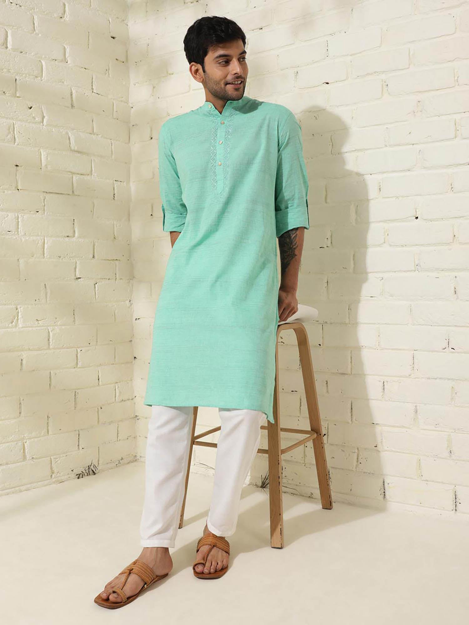 green cotton knee length comfort fit chikankari mandarin collar kurta