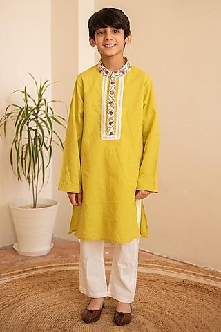 green cotton lace kurta set for boys