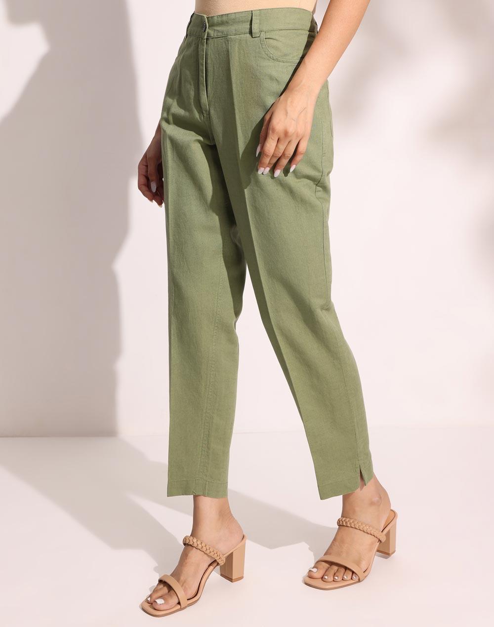 green cotton linen regular fit formal pant