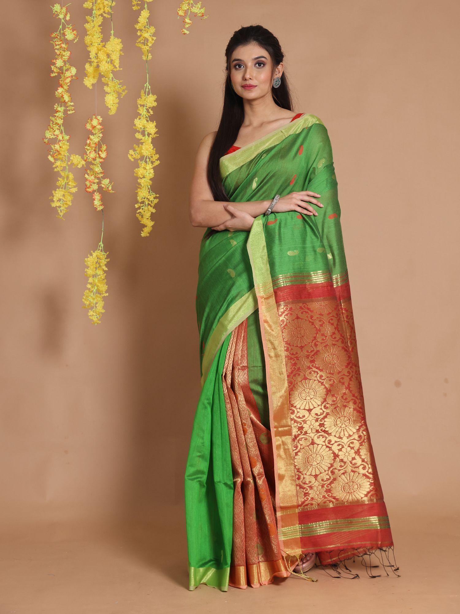 green cotton paisley motifs & zari pallu handwoven saree with unstitched blouse