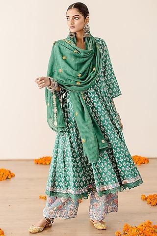 green cotton printed anarkali set