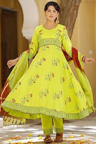 green cotton printed anarkali set