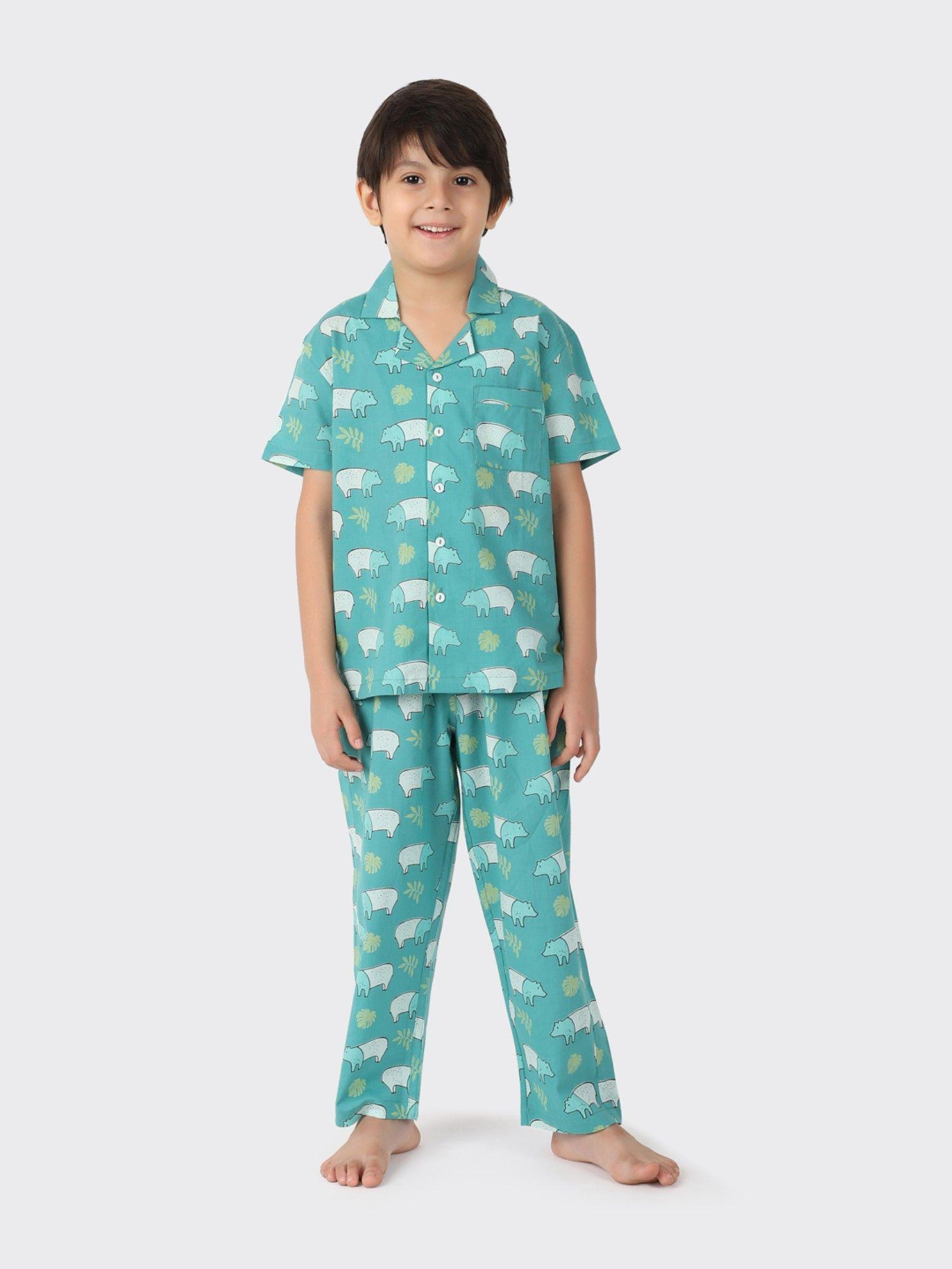 green cotton printed boys pyjamas (set of 2)