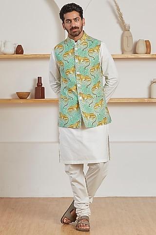 green cotton printed bundi jacket