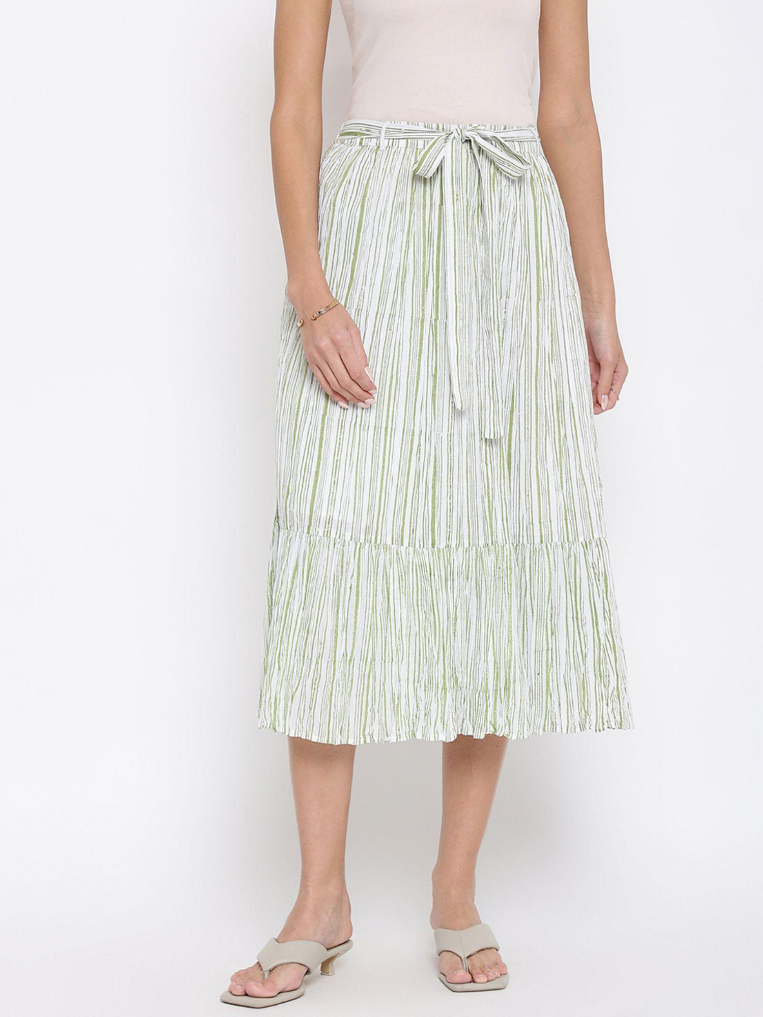 green cotton printed calf length skirt