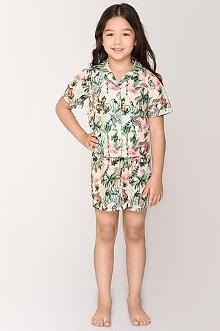 green cotton printed co-ord set for girls