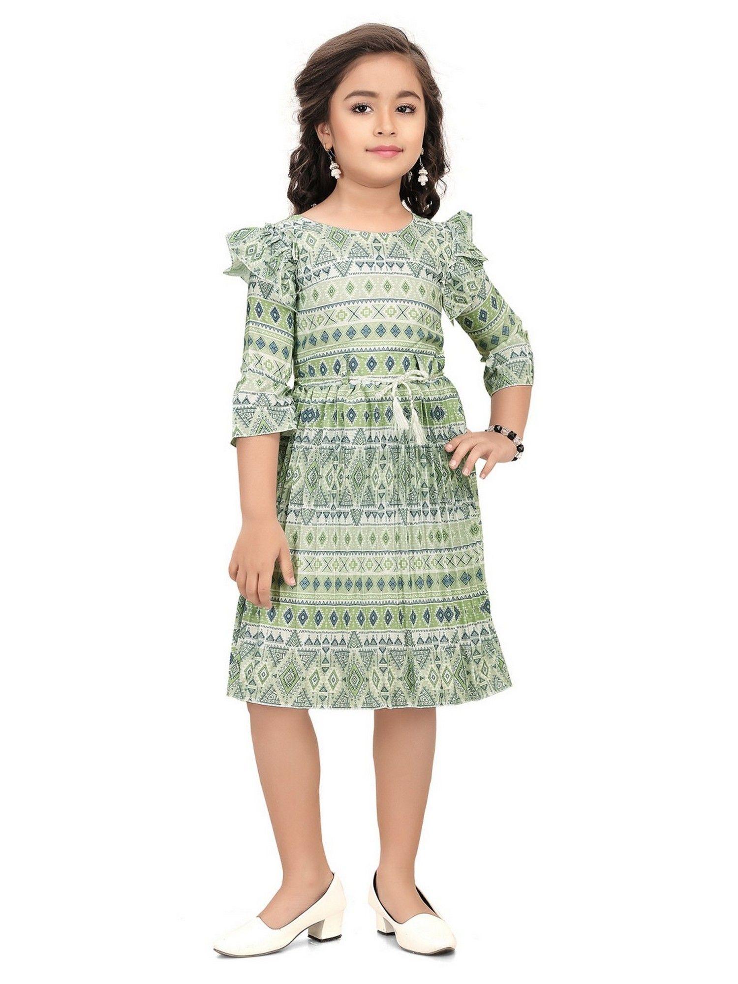 green cotton printed dress for girls