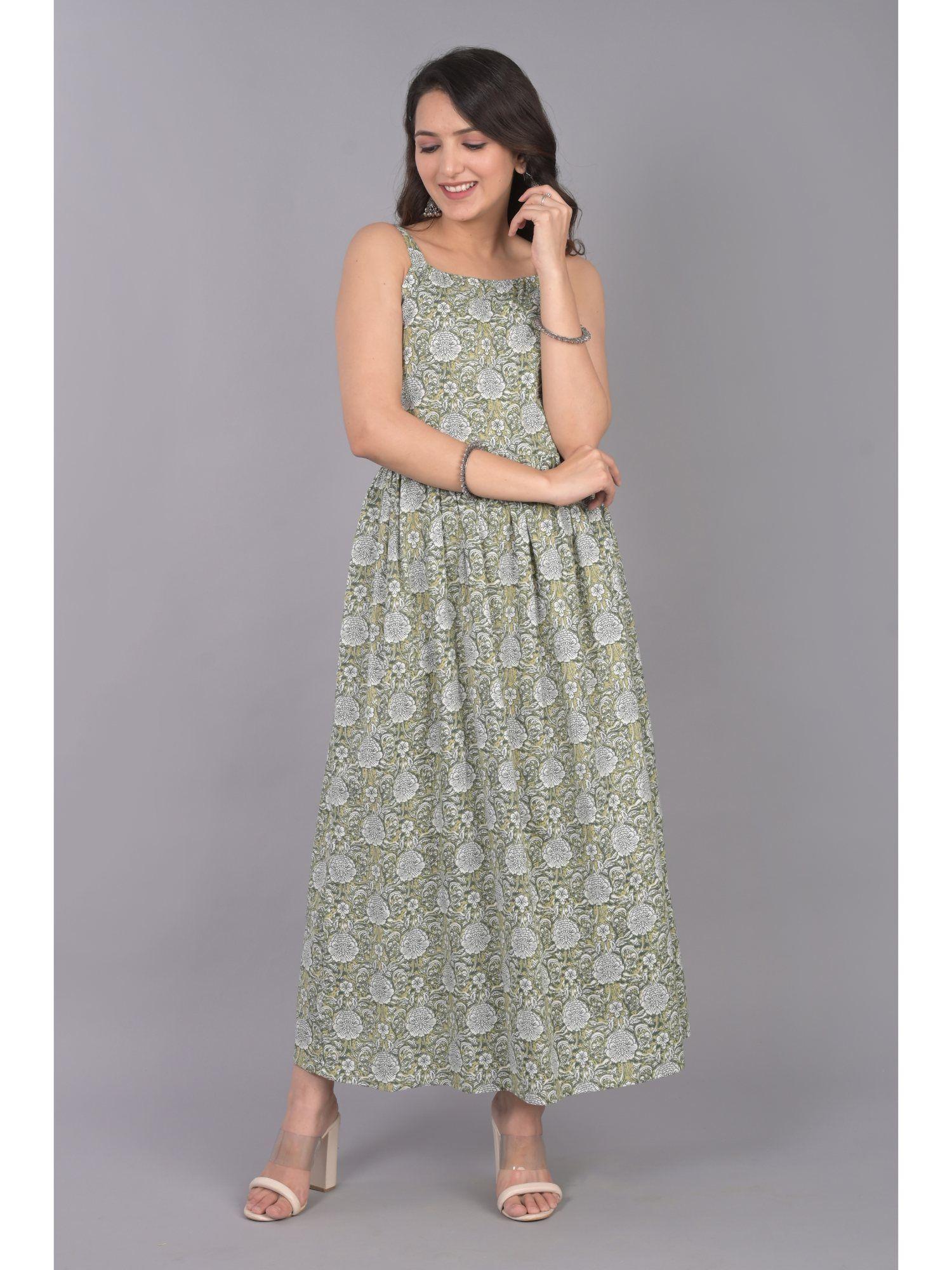 green cotton printed dress with floral motifs