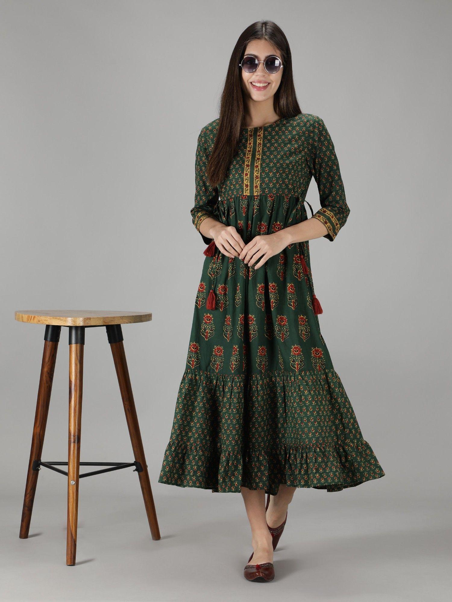 green cotton printed flared long dress