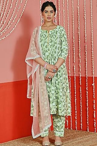 green cotton printed kurta set