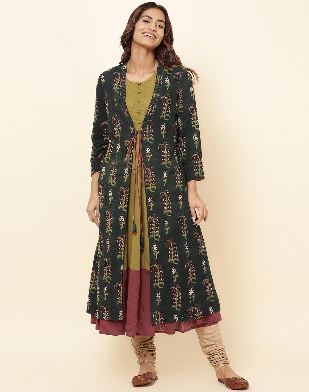 green cotton printed long kurta