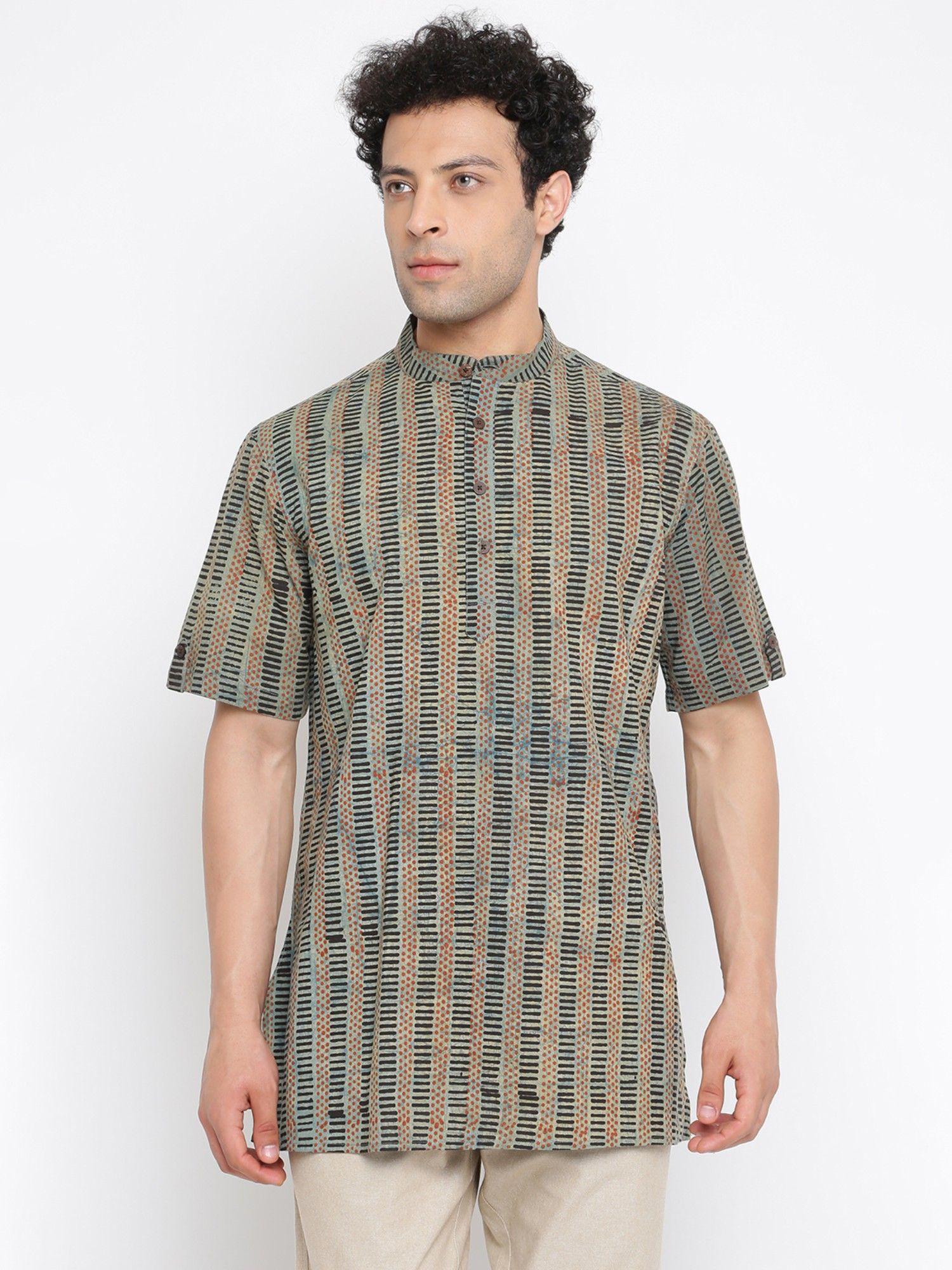 green cotton printed short kurta