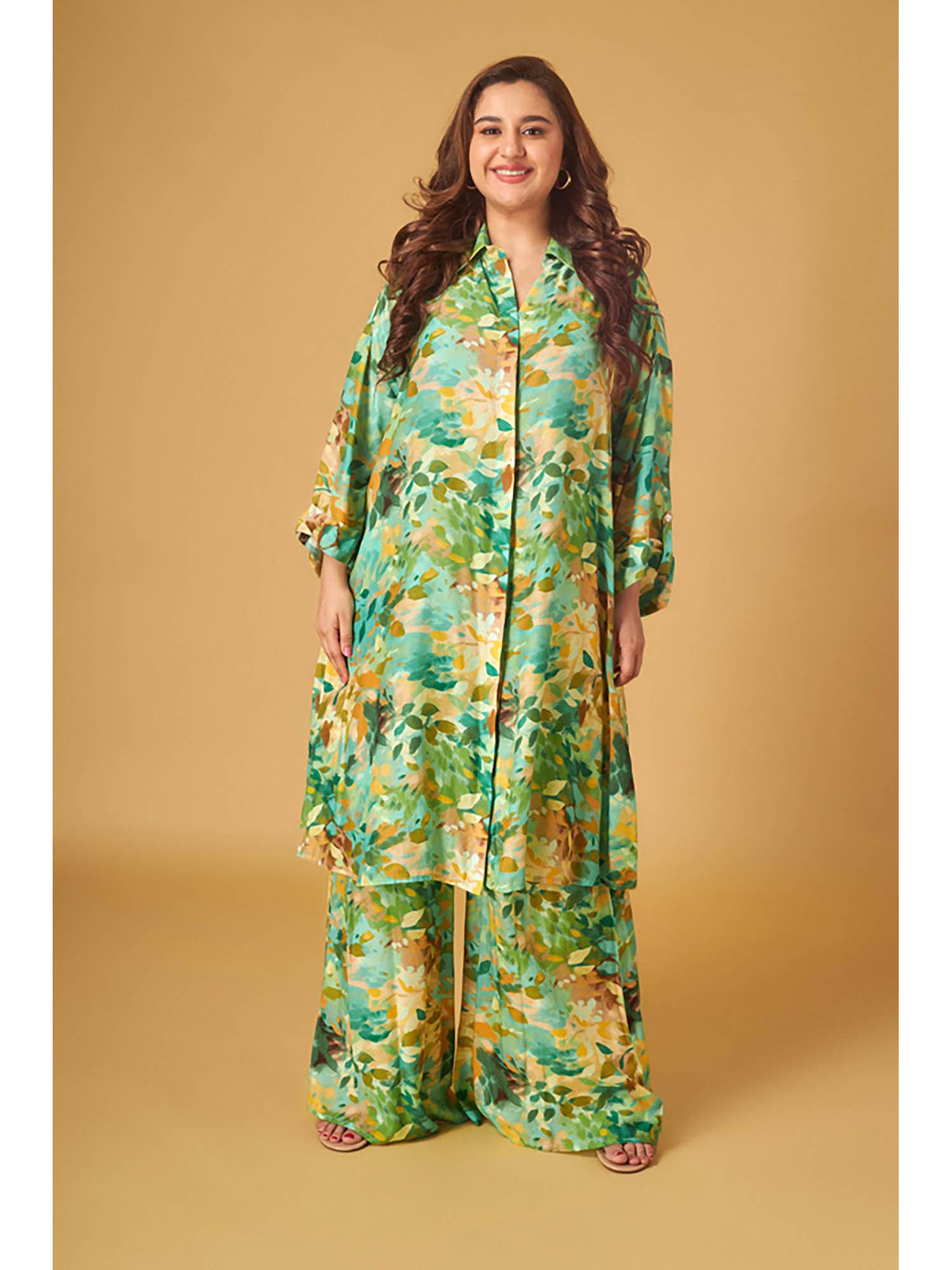 green cotton printed silk kurta and pant co-ord (set of 2)