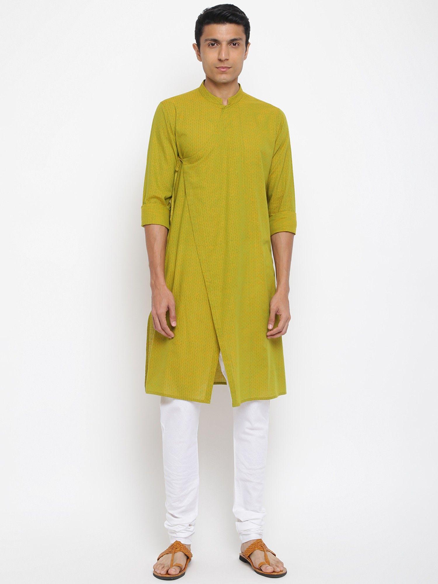 green cotton printed slim fit long kurta