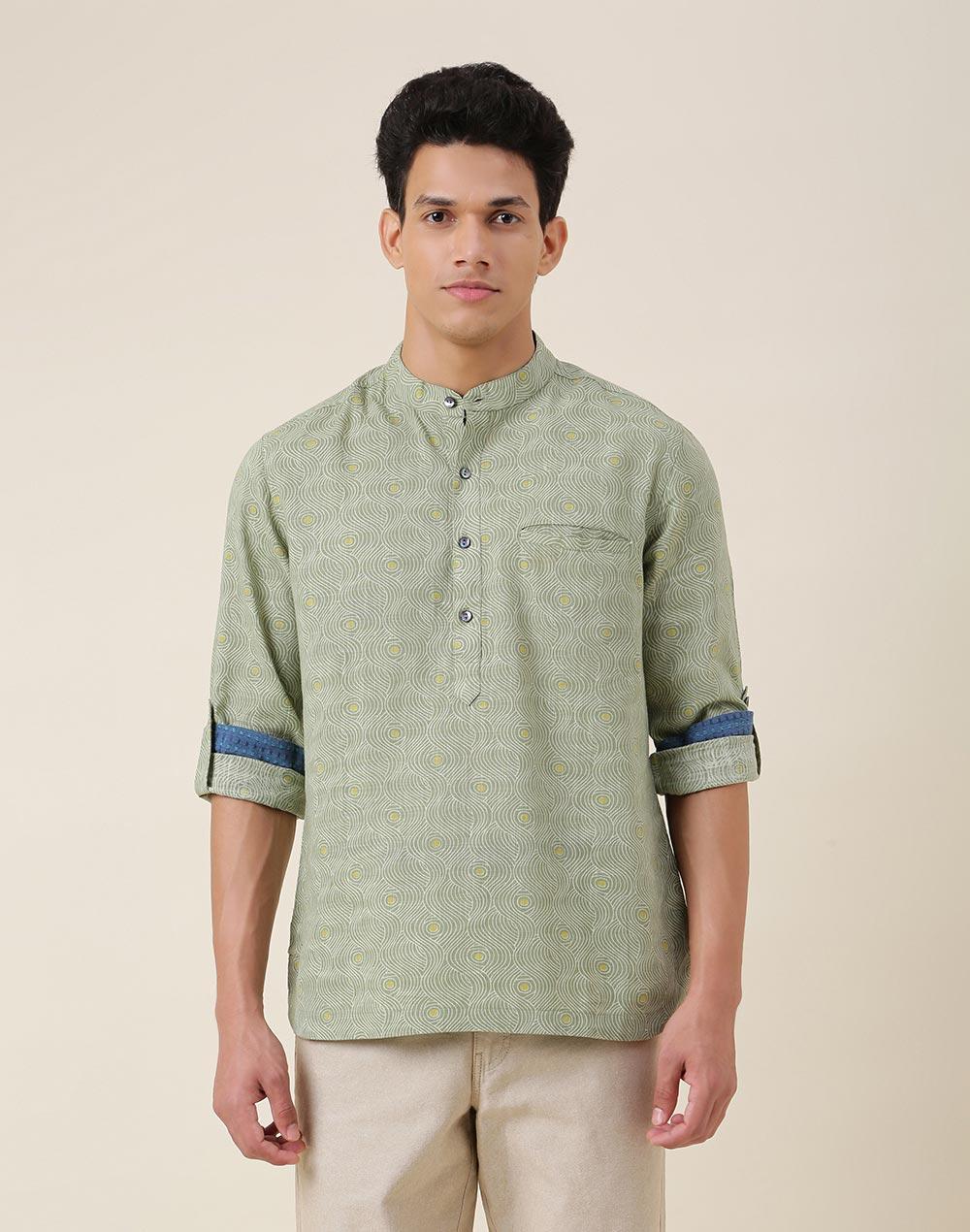 green cotton printed slim fit mid placket shirt