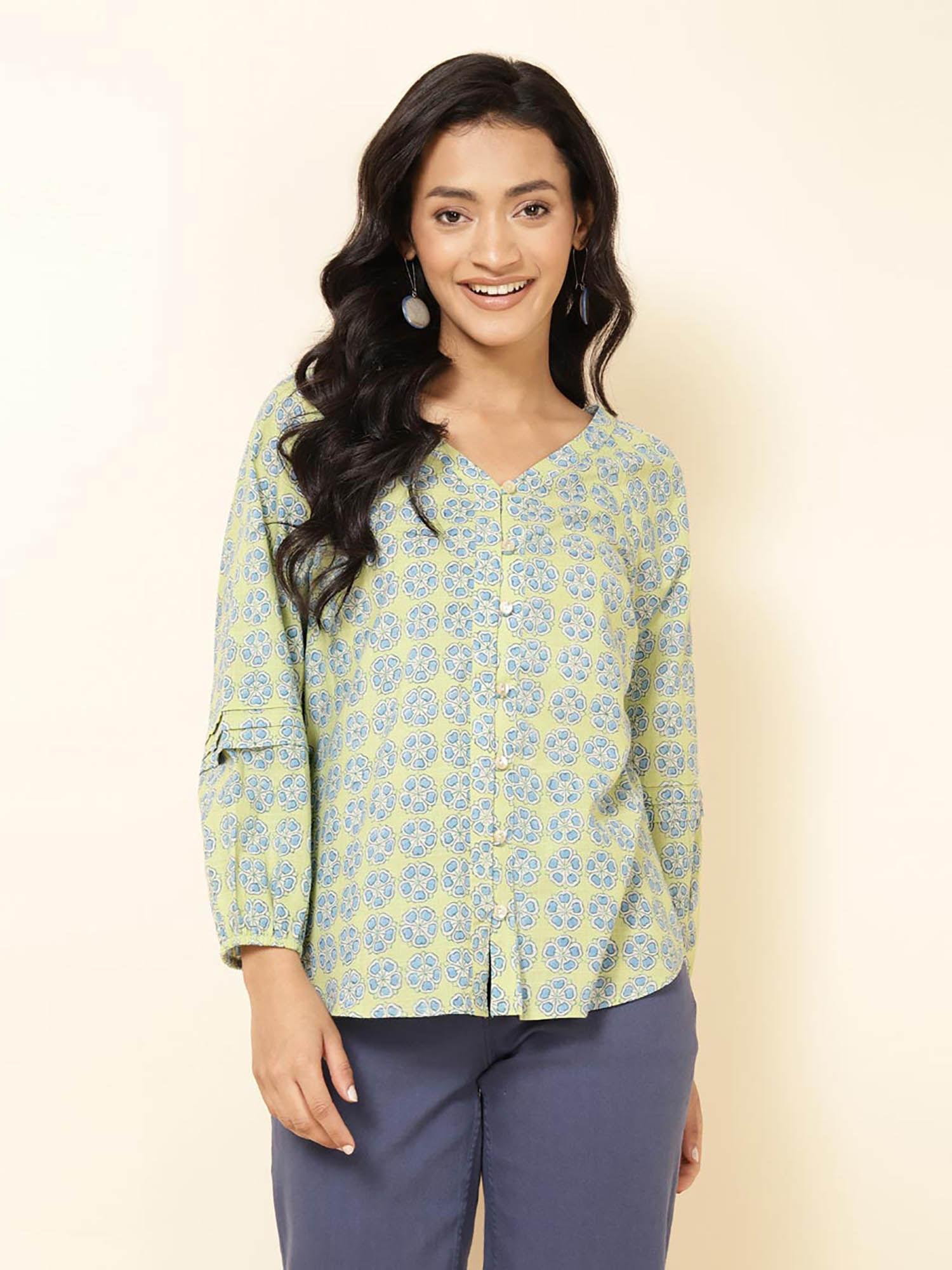 green cotton printed top