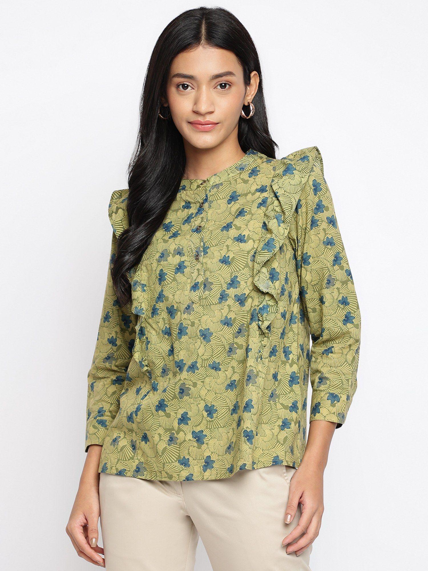 green cotton printed top