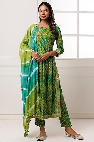 green cotton rayon printed & embroidered kurta set