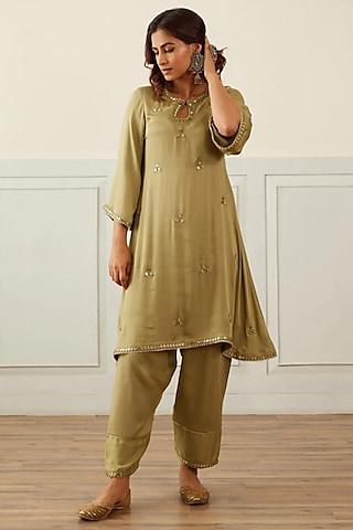 green cotton satin mirror embellished a-line kurta set