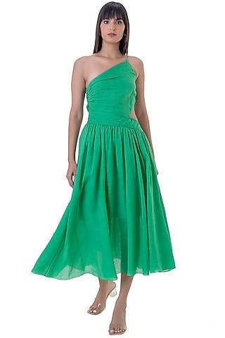 green cotton satin one shoulder midi dress