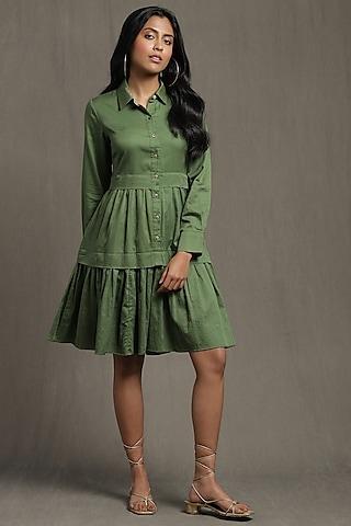 green cotton satin shirt dress