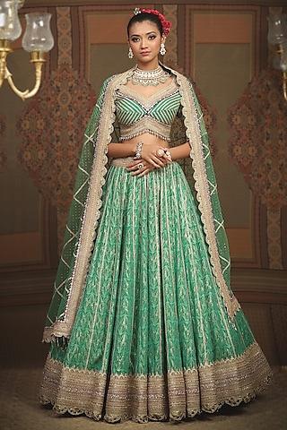 green cotton shimmer chanderi gota embroidered lehenga set