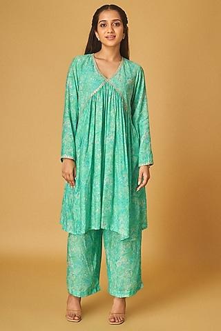 green cotton silk abstract printed tunic set