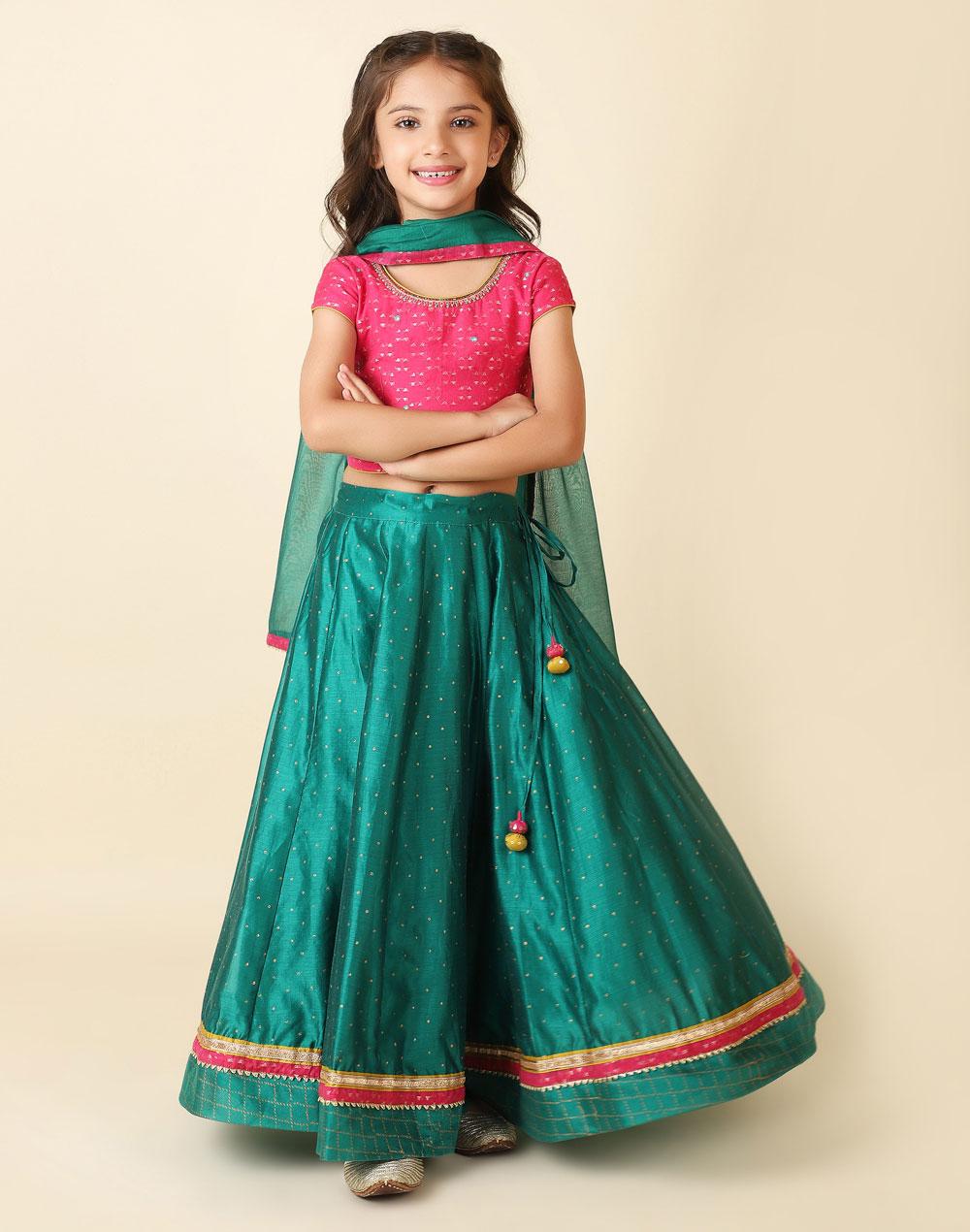 green cotton silk blend cutwork lehenga set