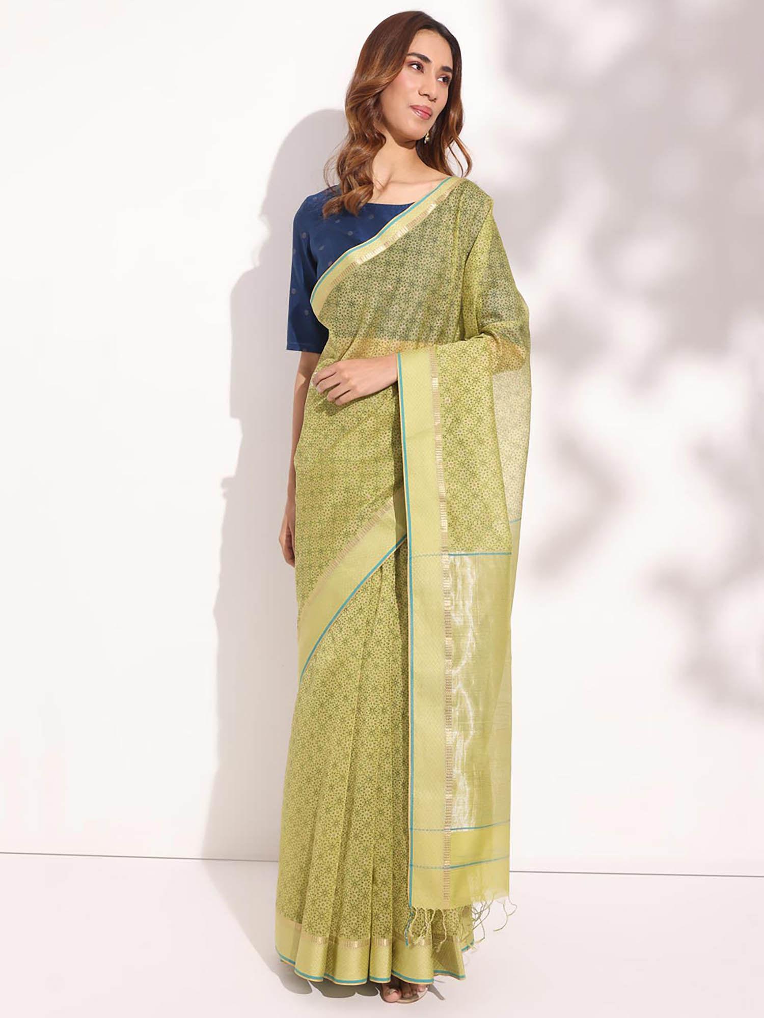 green cotton silk blend hand block printed saree without blouse