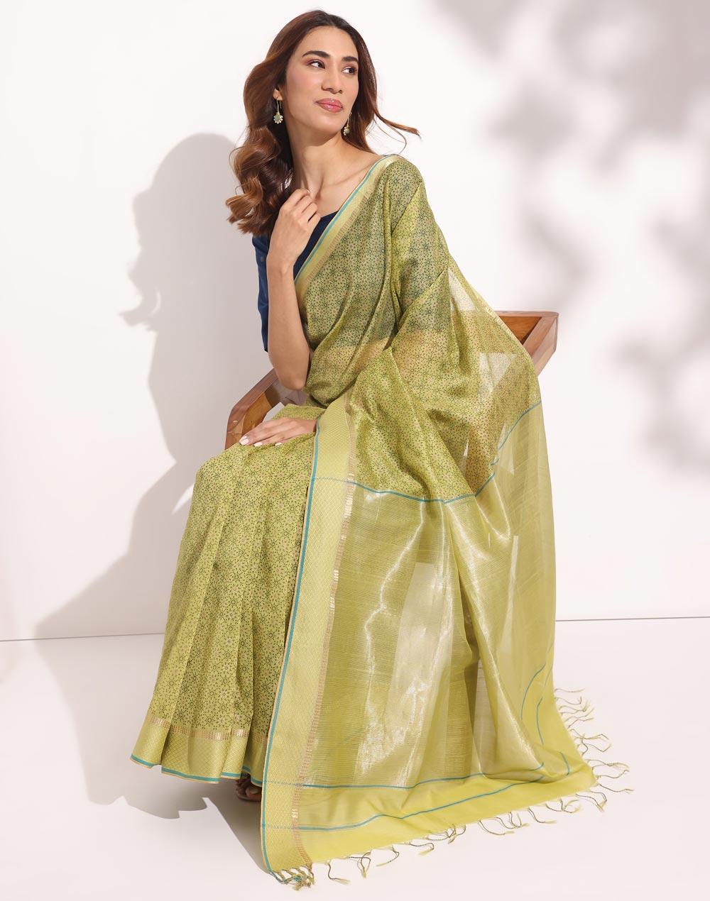 green cotton silk blend hand block printed sari