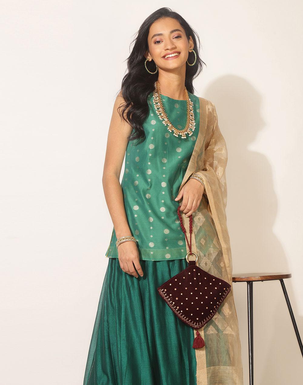 green cotton silk blend woven short kurta