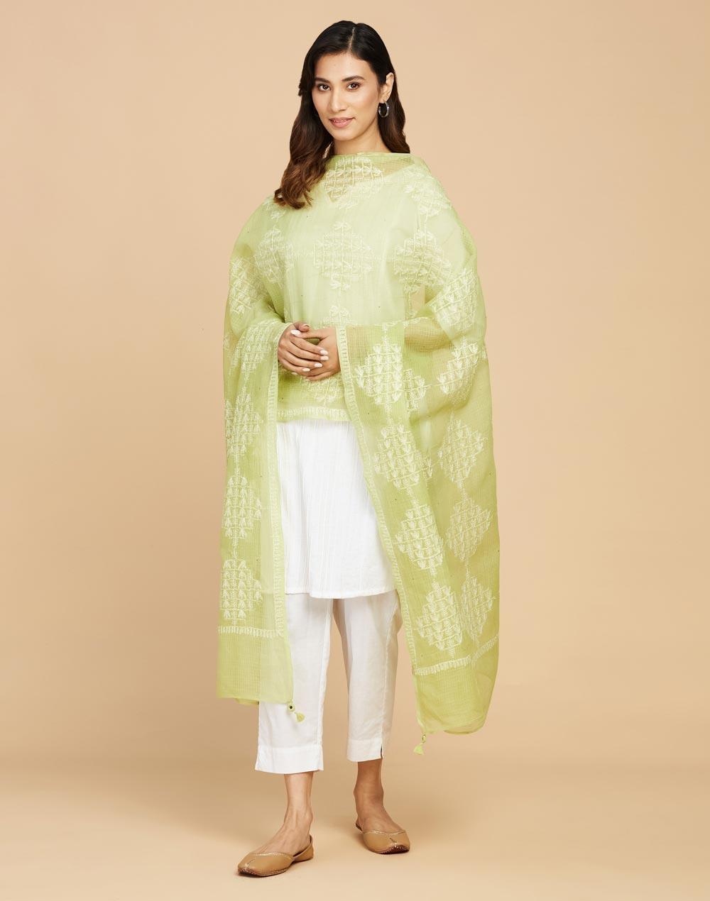 green cotton silk chikankari embroidered dupatta
