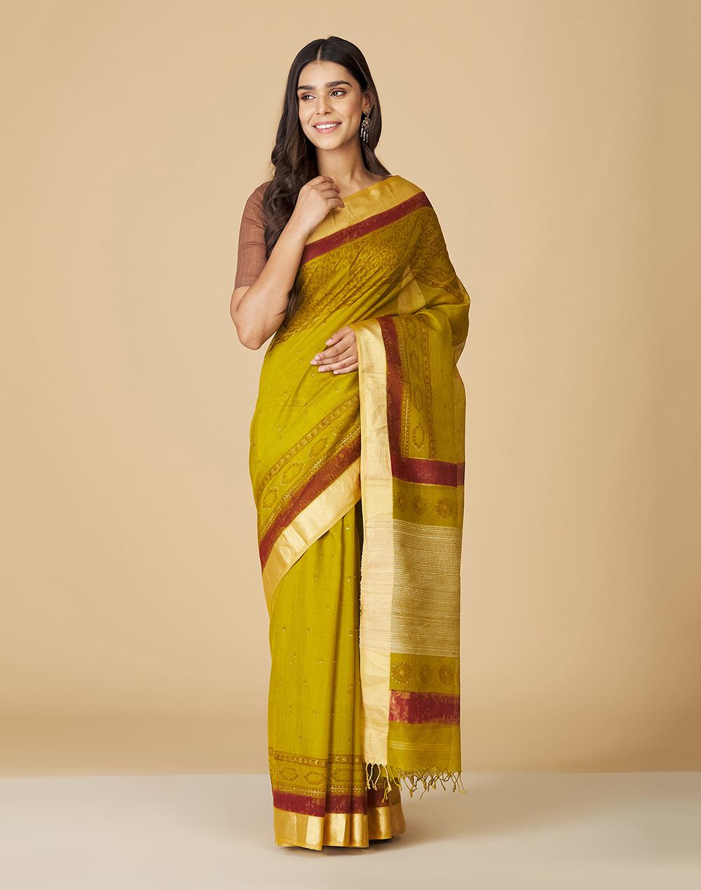 green cotton silk chota butta sari