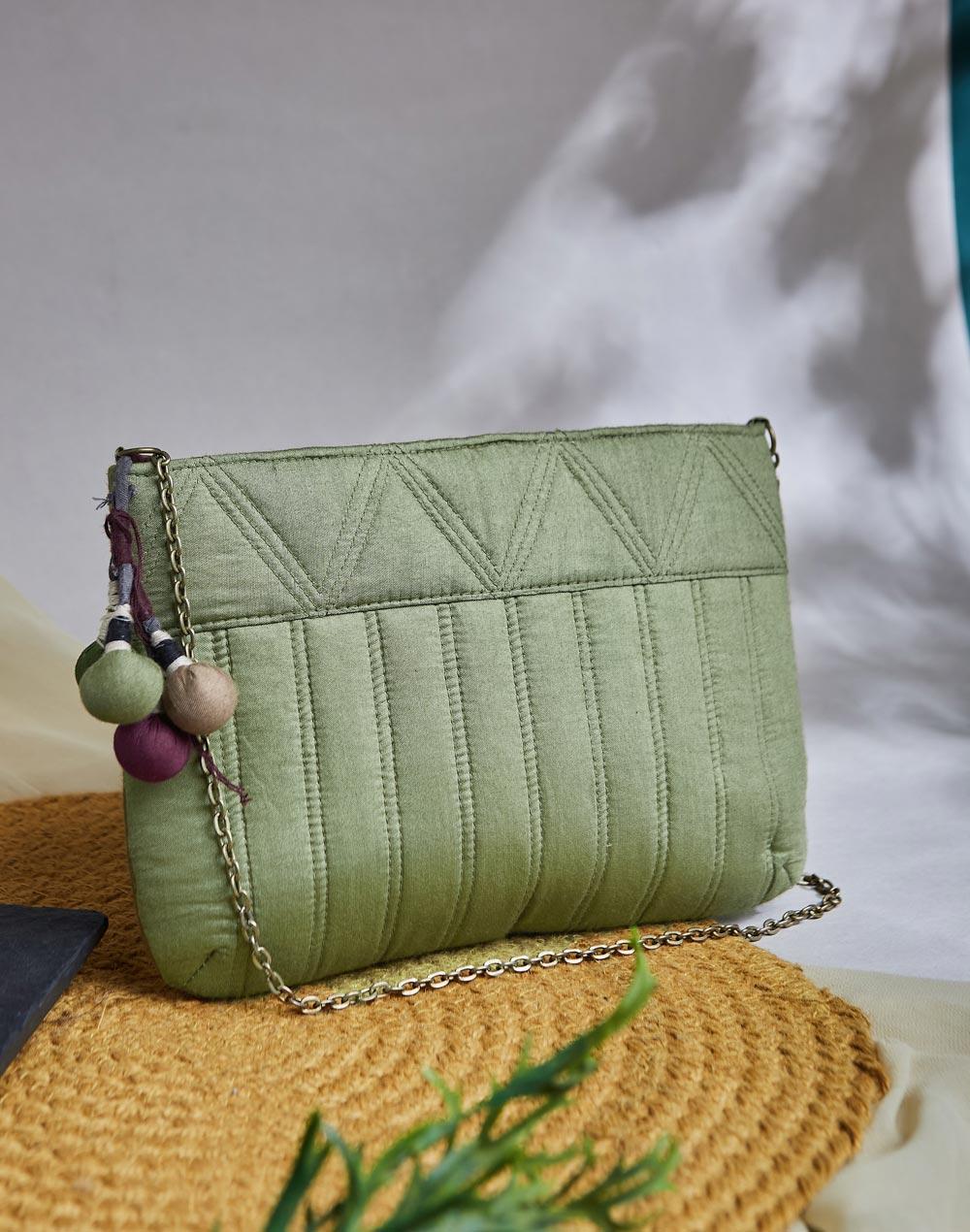 green cotton silk clutch