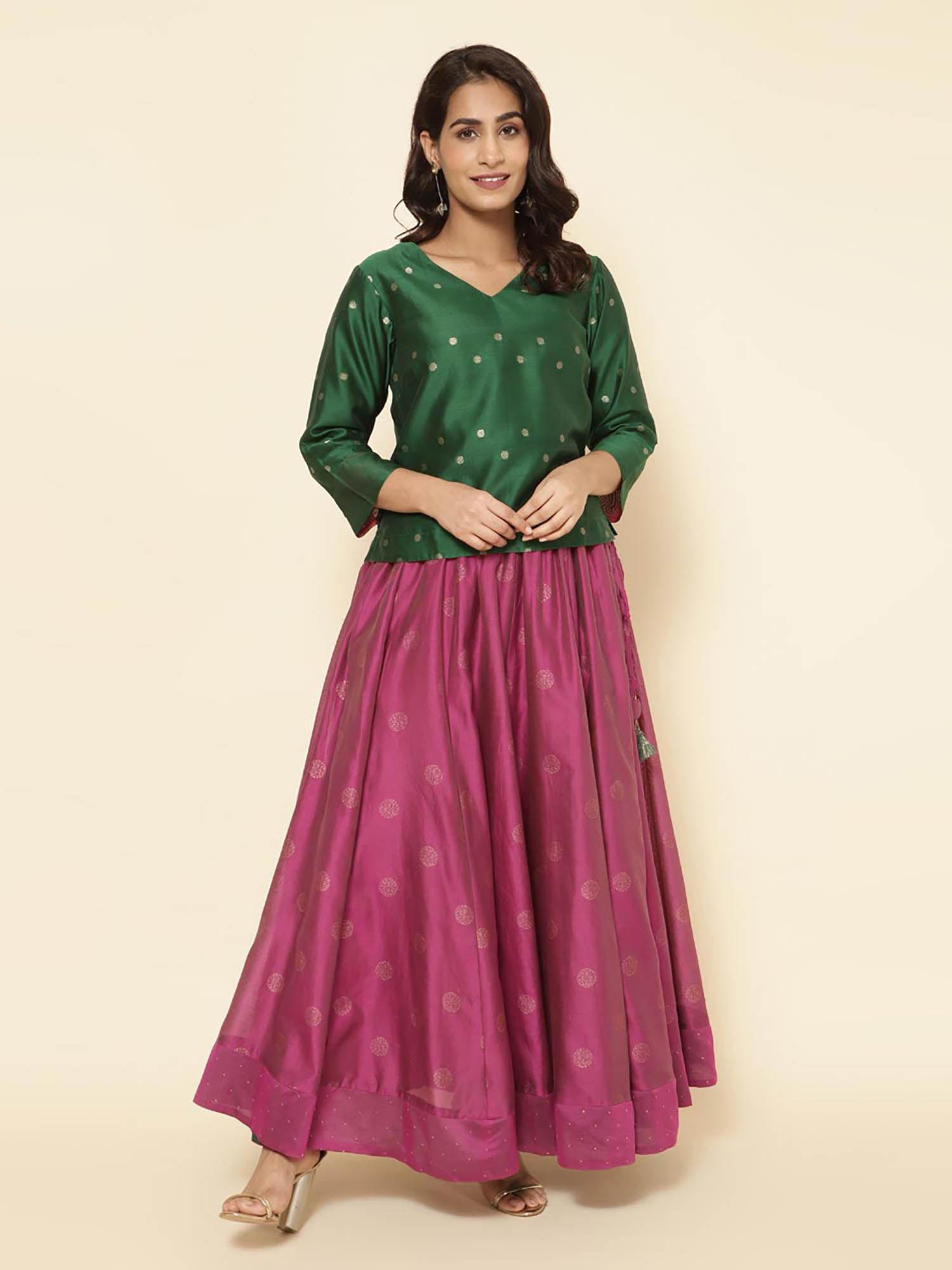 green cotton silk cutwork skirt