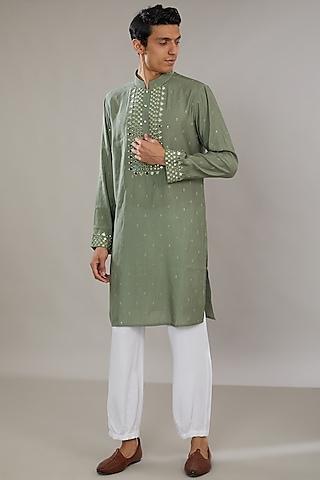 green cotton silk embroidered kurta set