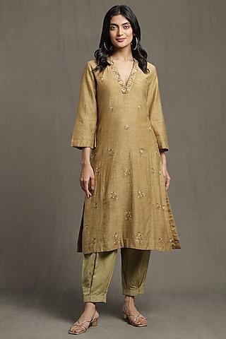 green cotton silk embroidered kurta set