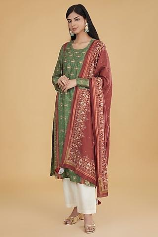 green cotton silk floral motif printed kurta set