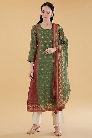 green cotton silk floral motif printed kurta set