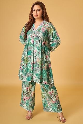 green cotton silk floral printed tunic set