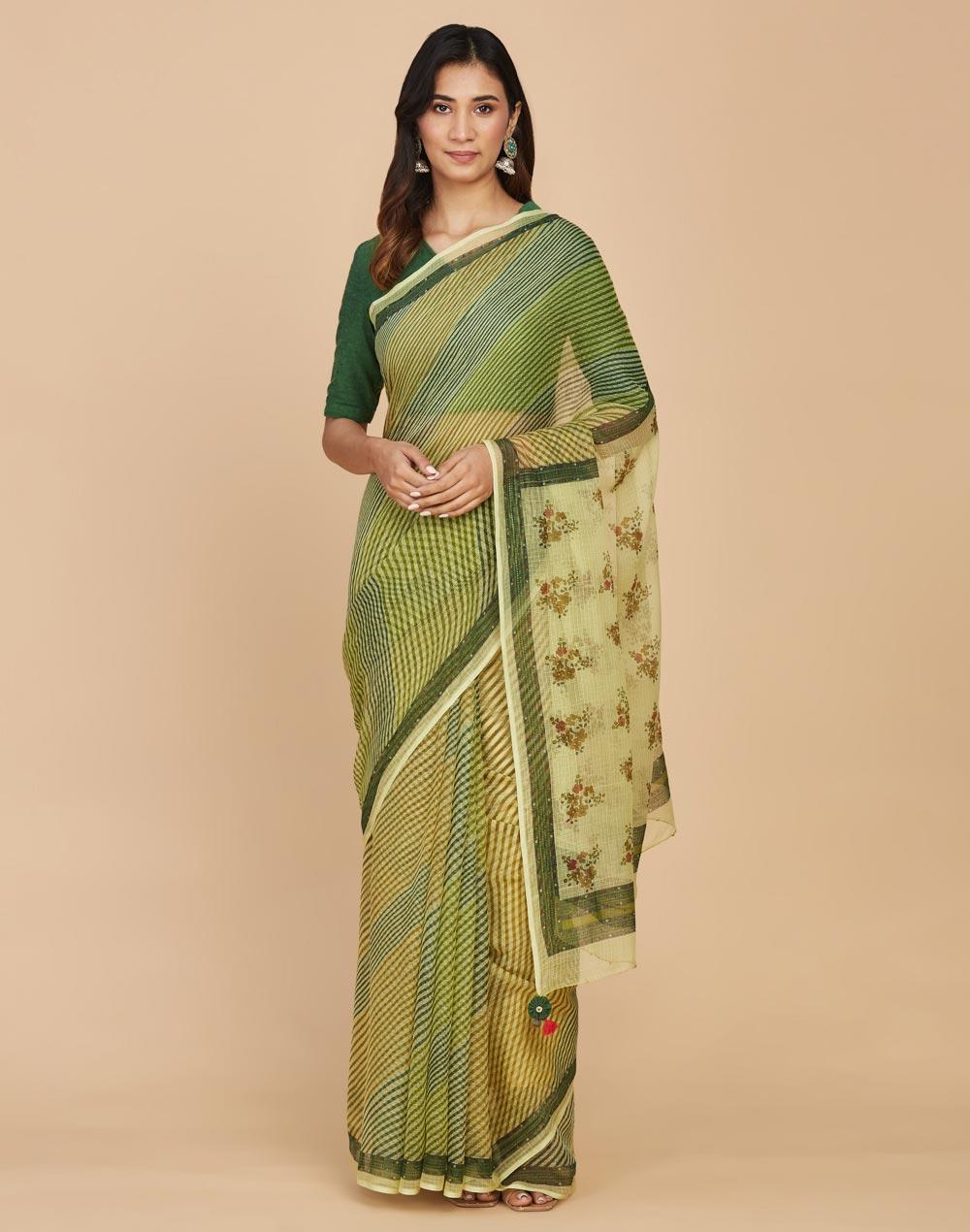 green cotton silk hand block printed sari