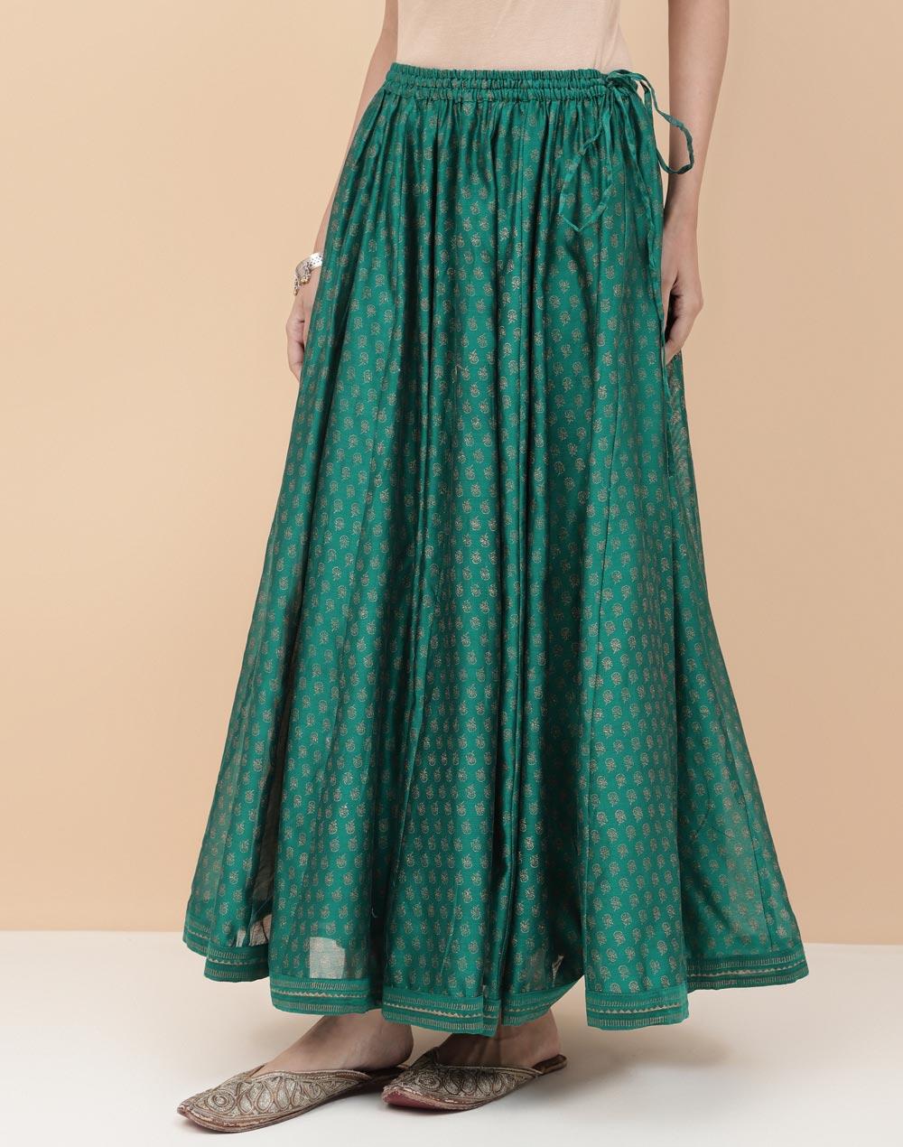 green cotton silk hand block printed skirt ghera