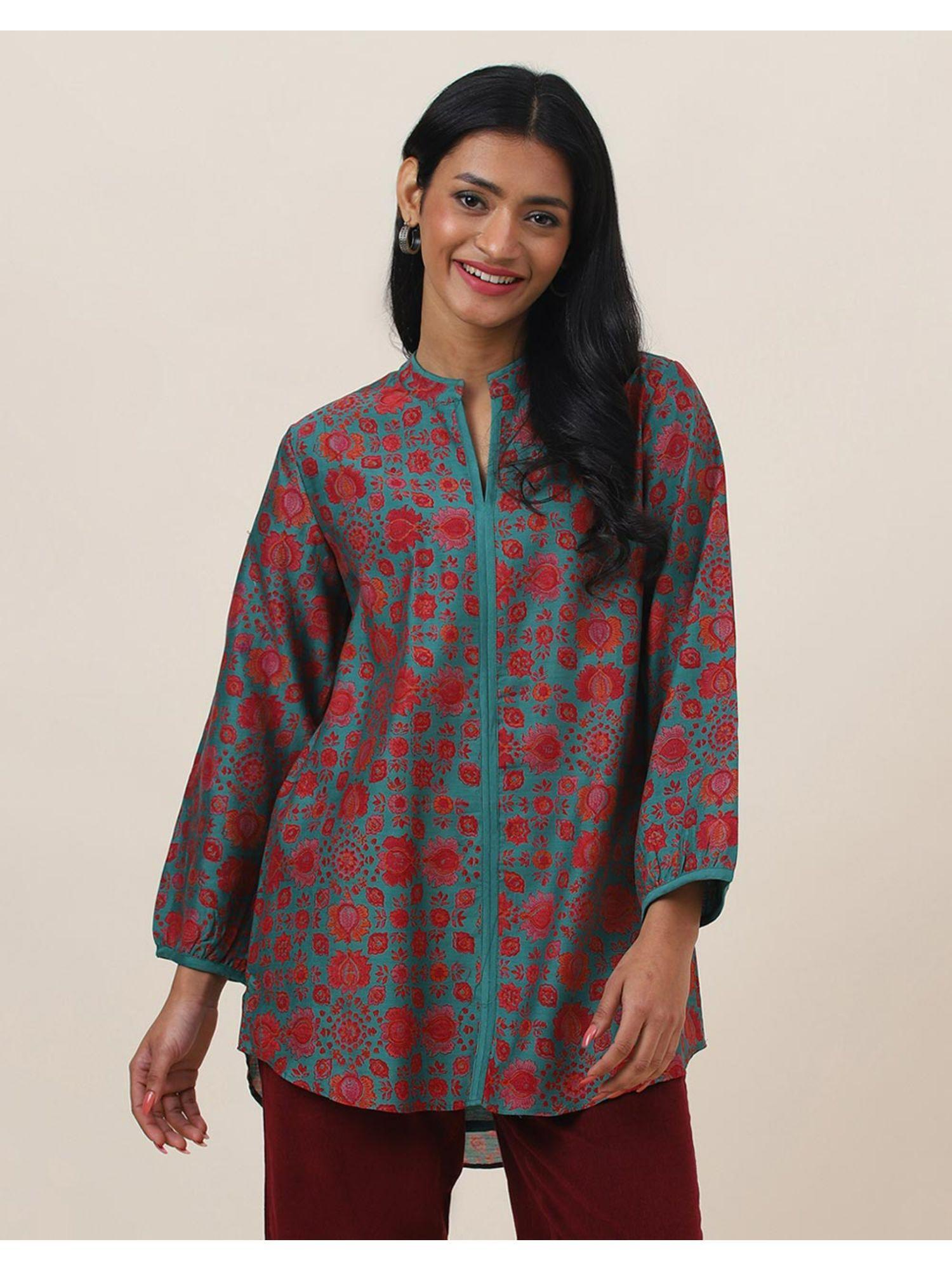 green cotton silk hand block printed tunic