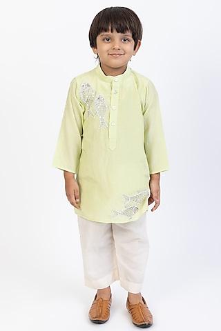 green cotton silk hand embroidered kurta set for boys