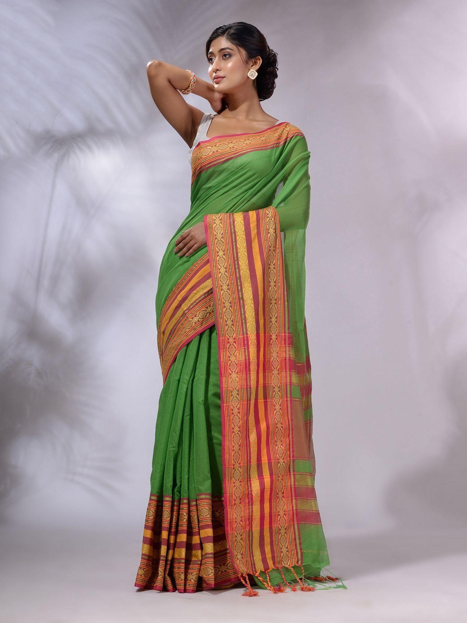 green cotton silk handwoven saree with unstitched blouse and nakshi borders