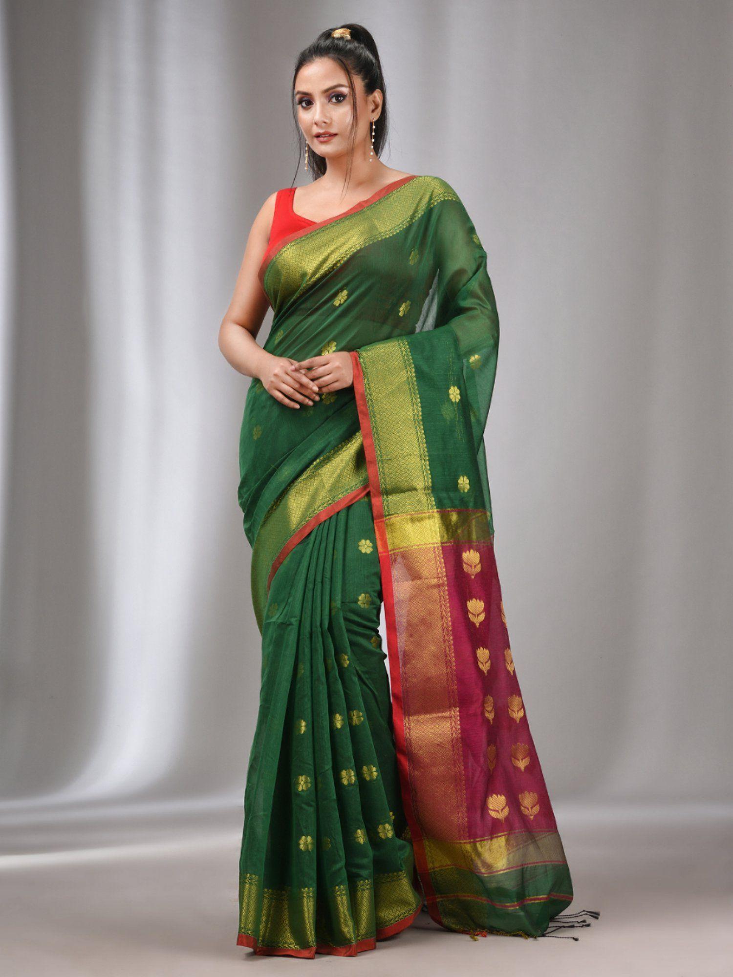 green cotton silk handwoven saree with zari border with unstitched blouse